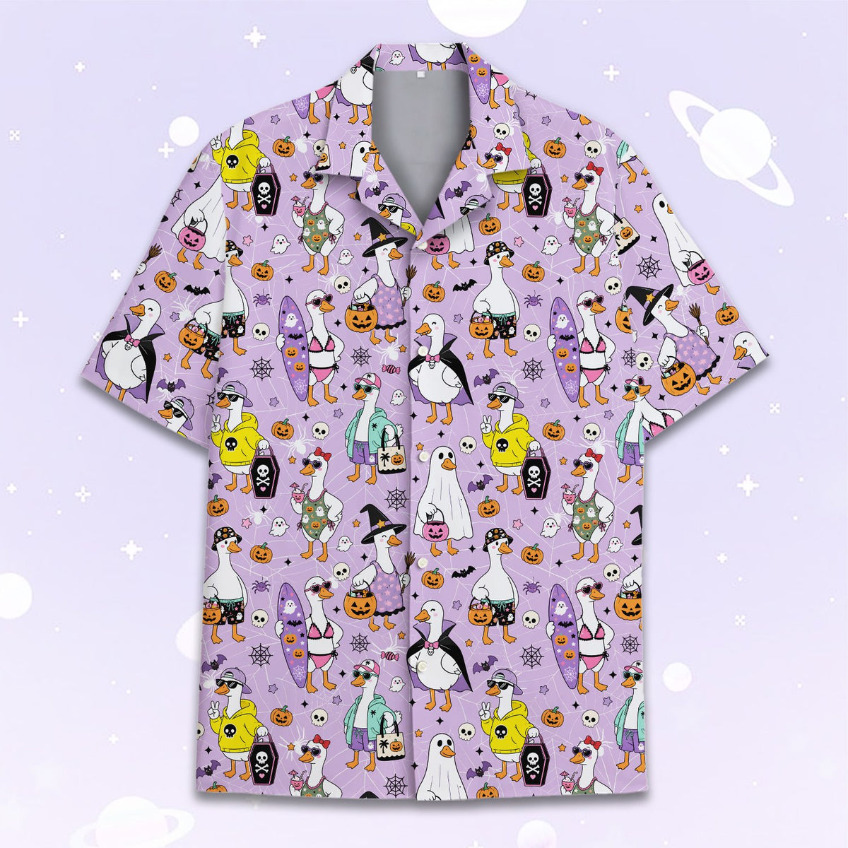 Front view of the colorful halloween hawaiian top