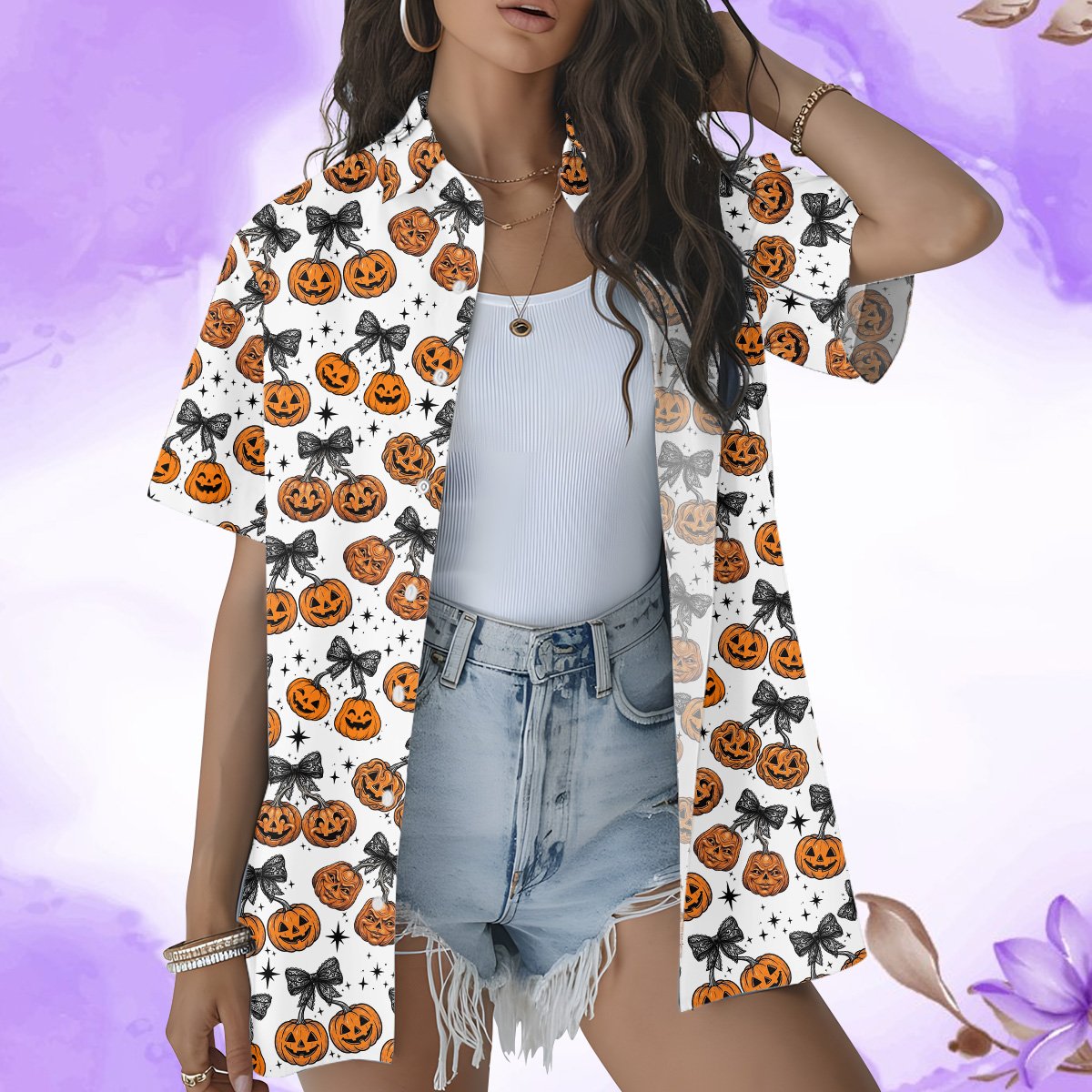Full front view of matching family halloween hawaiian shirt