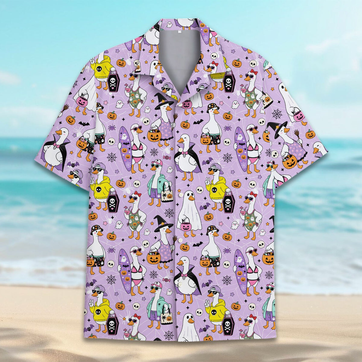 Front view showing the spider webs and bat details on the shirt