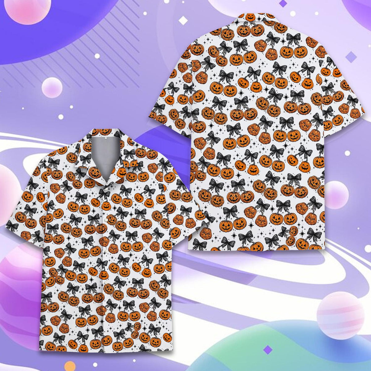 Halloween hawaiian shirt cherry pumpkin design front angle