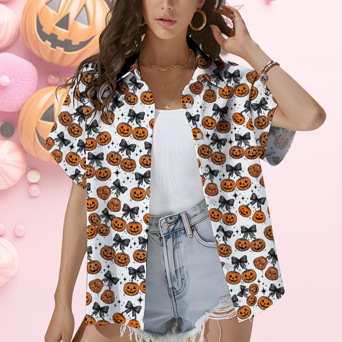 White, orange, and black matching family hawaiian shirt front