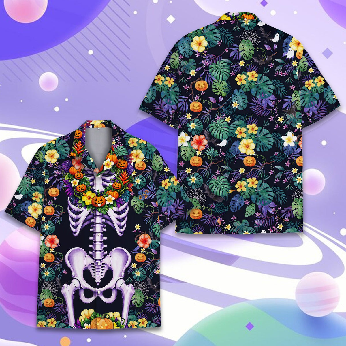 Front view of the multicolor halloween skeleton hawaiian shirt