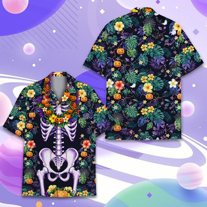 Front view of the multicolor halloween skeleton hawaiian shirt