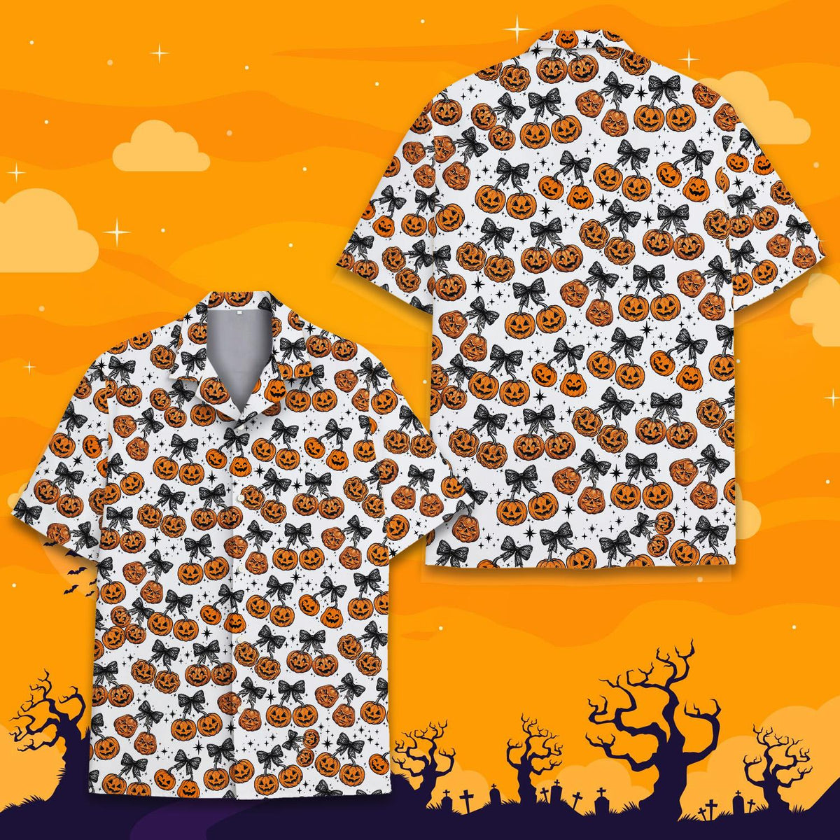 Cherry pumpkin halloween hawaiian shirt styled on flat lay