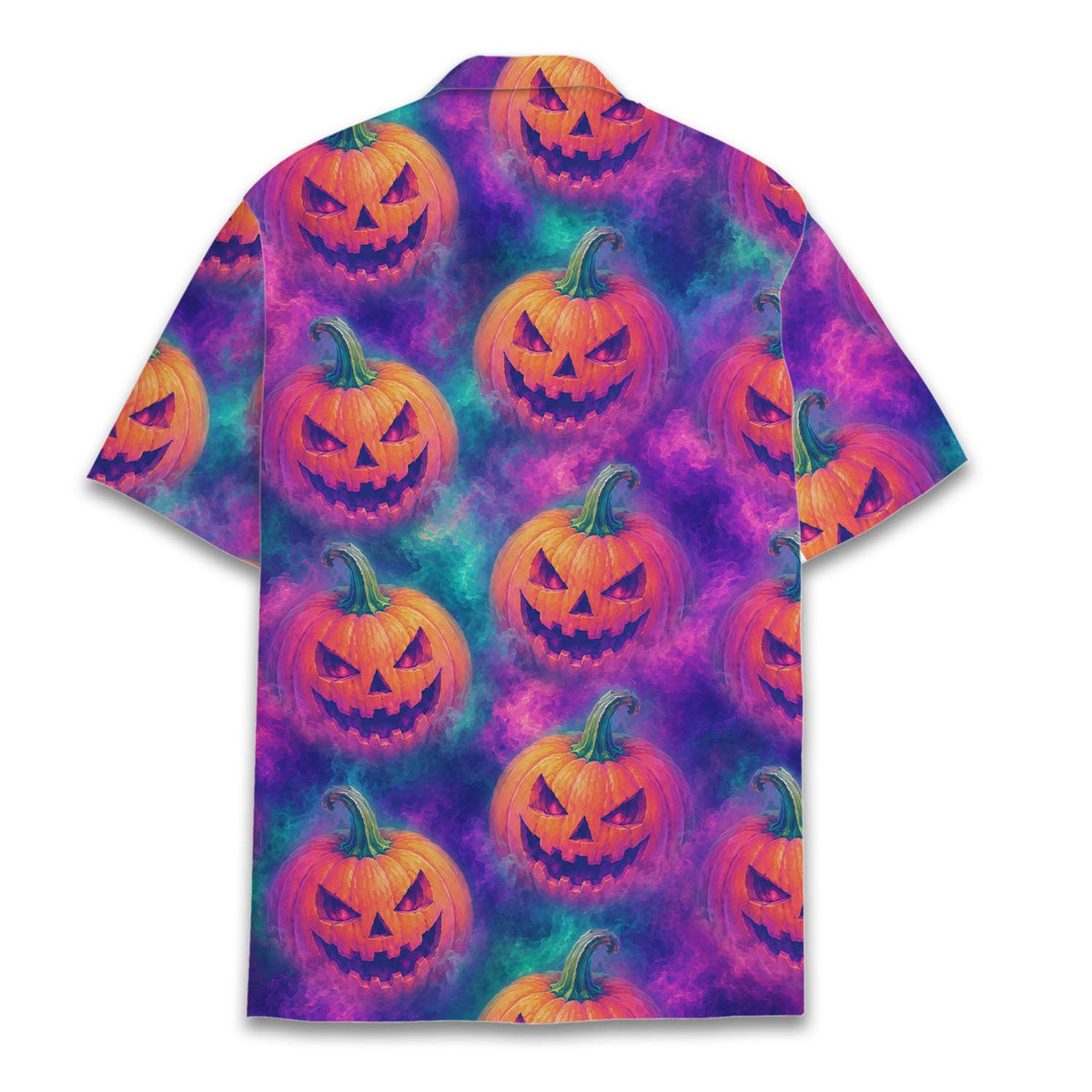 Halloween hawaiian shirt with vibrant orange pumpkins and swirling misty background