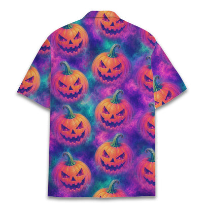 Matching family hawaiian shirts featuring a glowing jack-o'-lantern print in purple and teal
