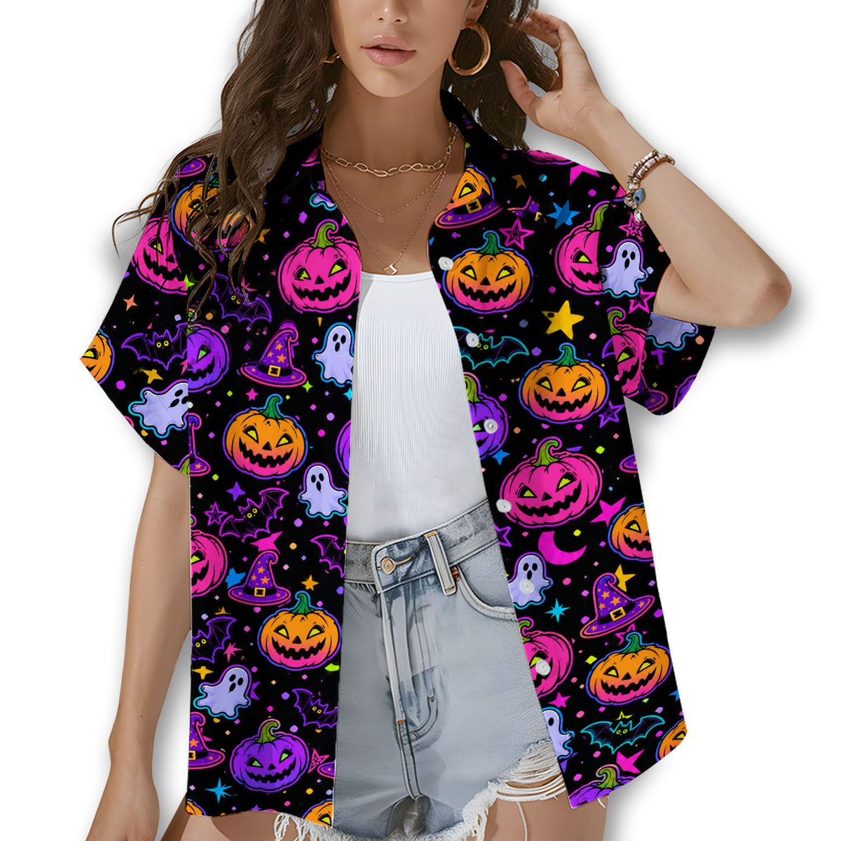 Front view of the neon Halloween hawaiian shirt showing the vibrant spooky pattern