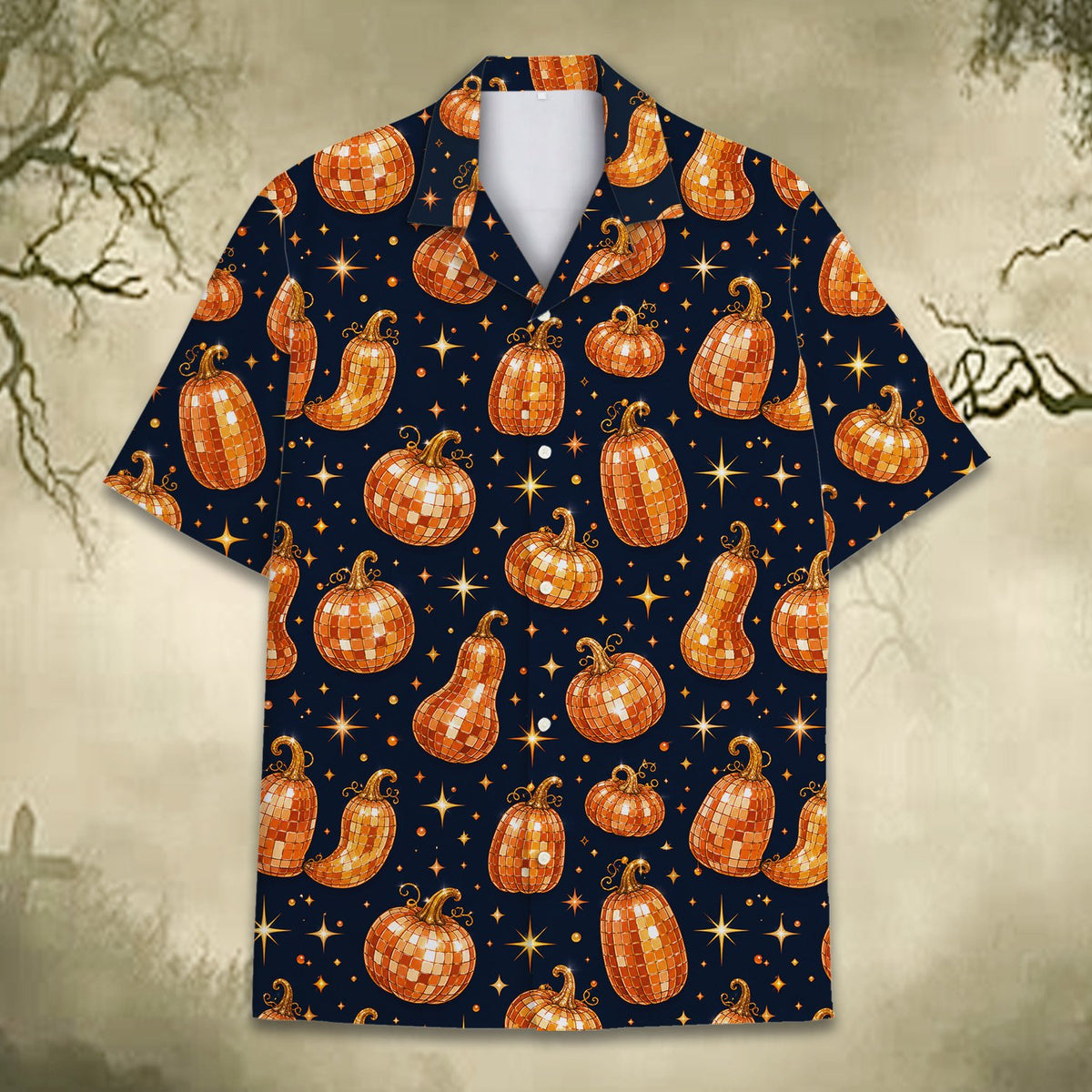 Navy halloween hawaiian shirt with orange disco ball pumpkins and gold stars, main view