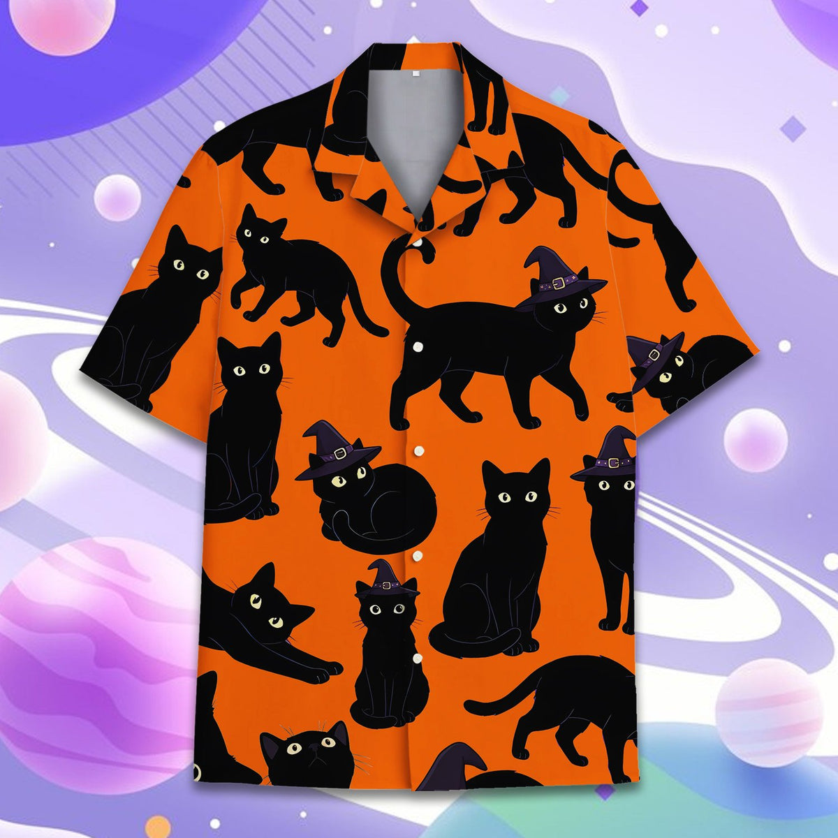 Front view of the halloween hawaiian shirt featuring black cats and purple witch hats on solid orange