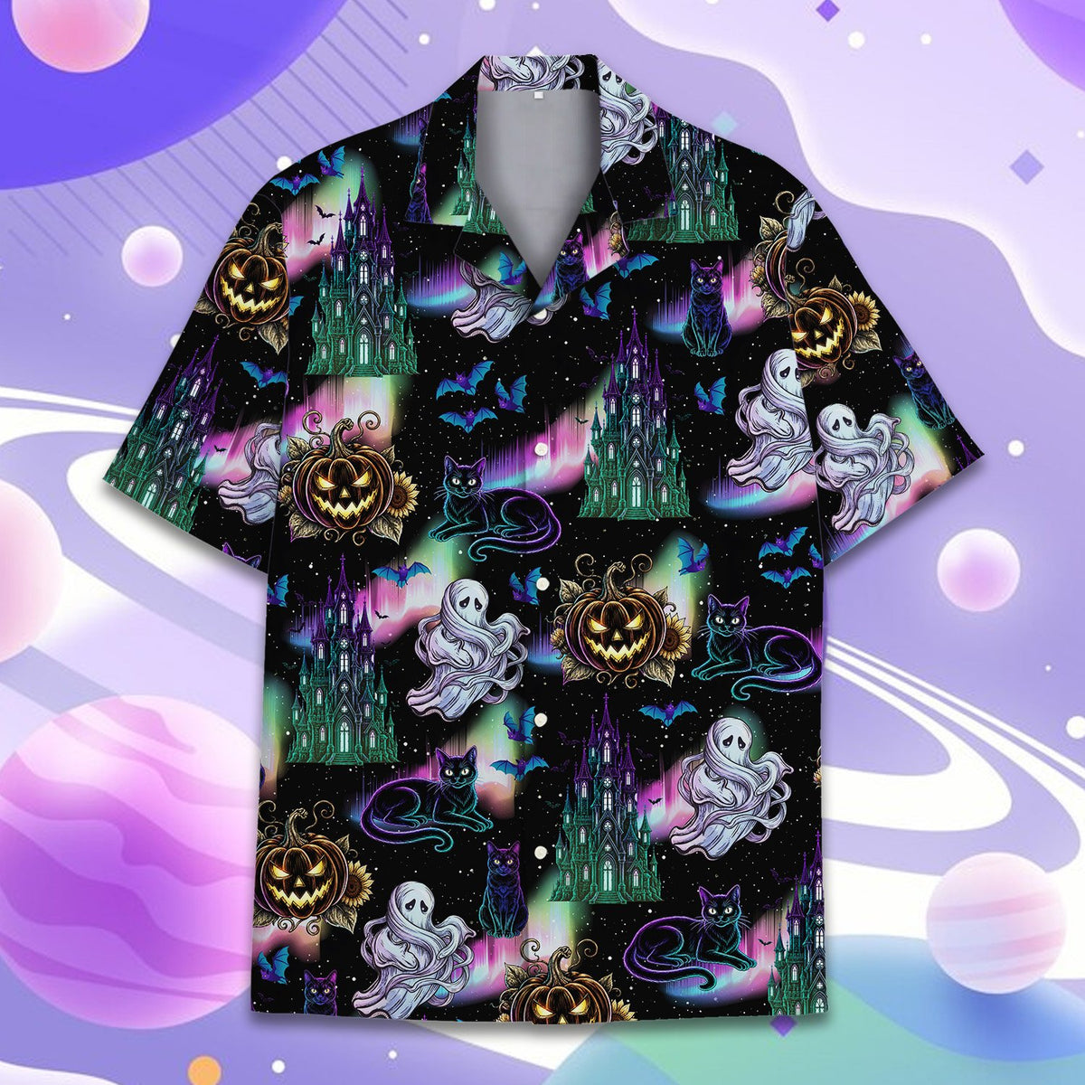 Front view of the halloween hawaiian shirt with haunted castle and bats
