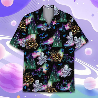 Front view of the halloween hawaiian shirt with haunted castle and bats