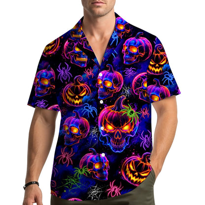 Halloween hawaiian shirt with neon skulls and pumpkins on cosmic background, main view
