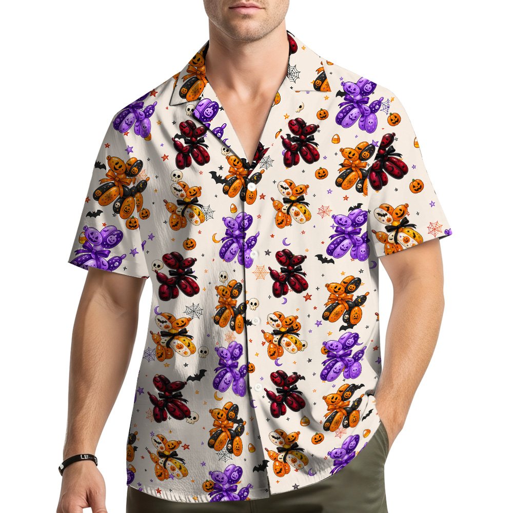 Halloween hawaiian shirt featuring balloon animals, bats, and pumpkins, front view