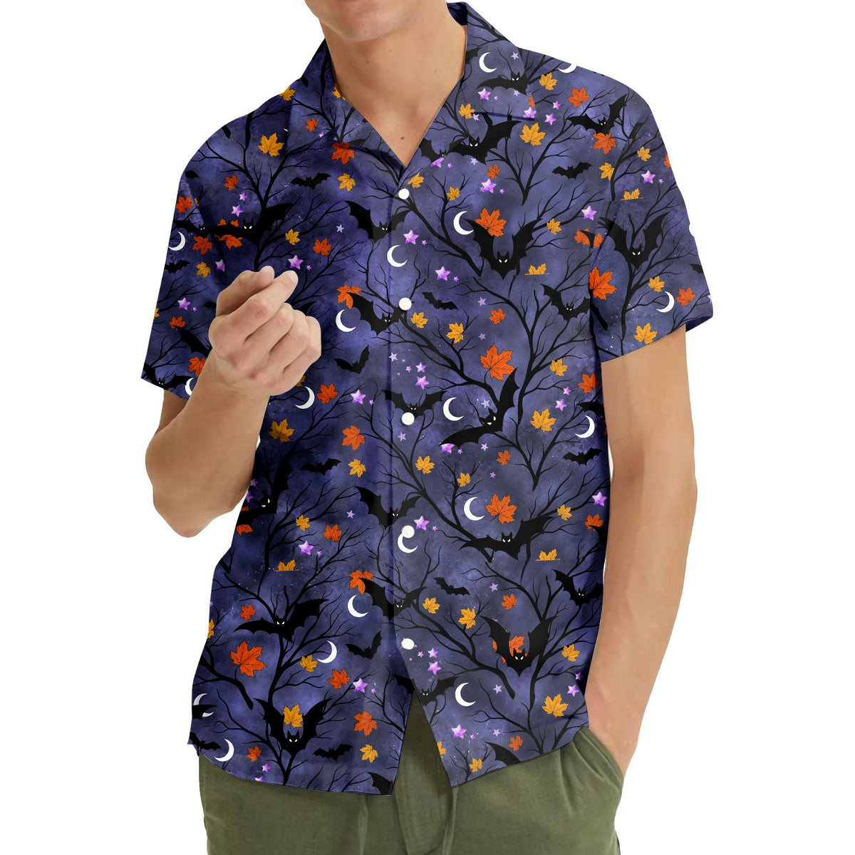 Matching family halloween hawaiian shirt featuring bats, moons, and bare trees on a purple background, front view