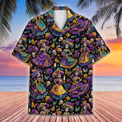 Halloween hawaiian shirt featuring Victorian skeletons and skulls, front view
