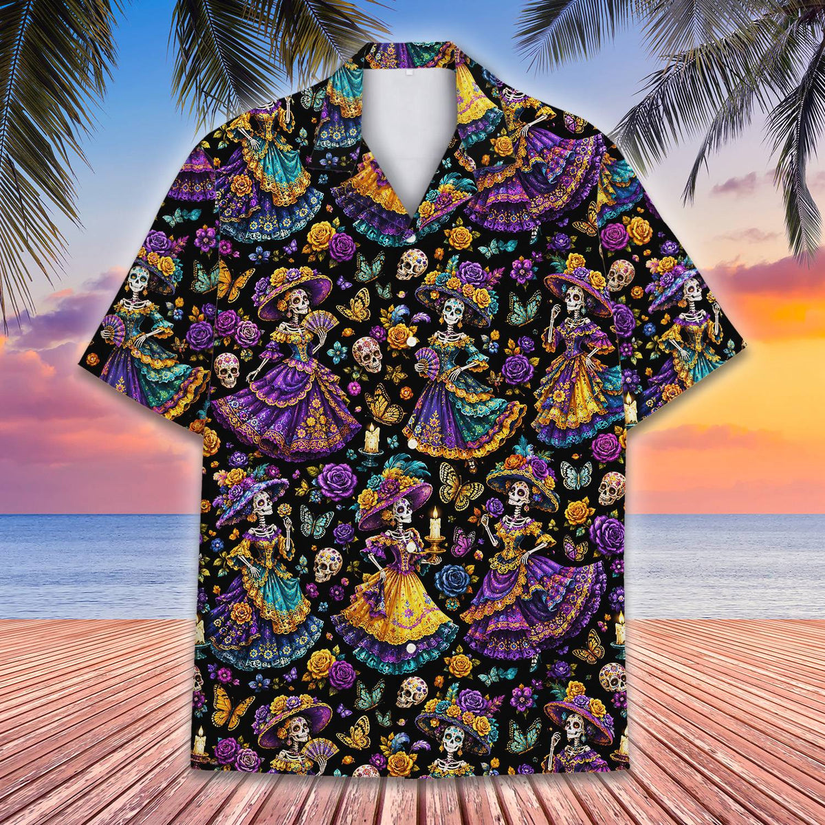 Close up front view of the Halloween hawaiian shirt with ornate skeleton design