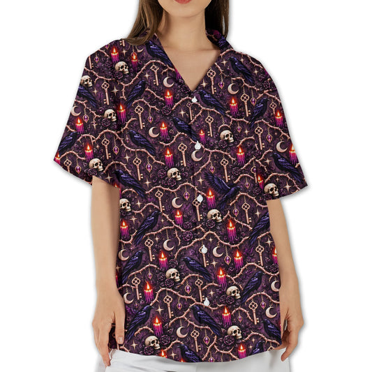 Purple halloween hawaiian shirt with gothic raven and skull pattern, main view