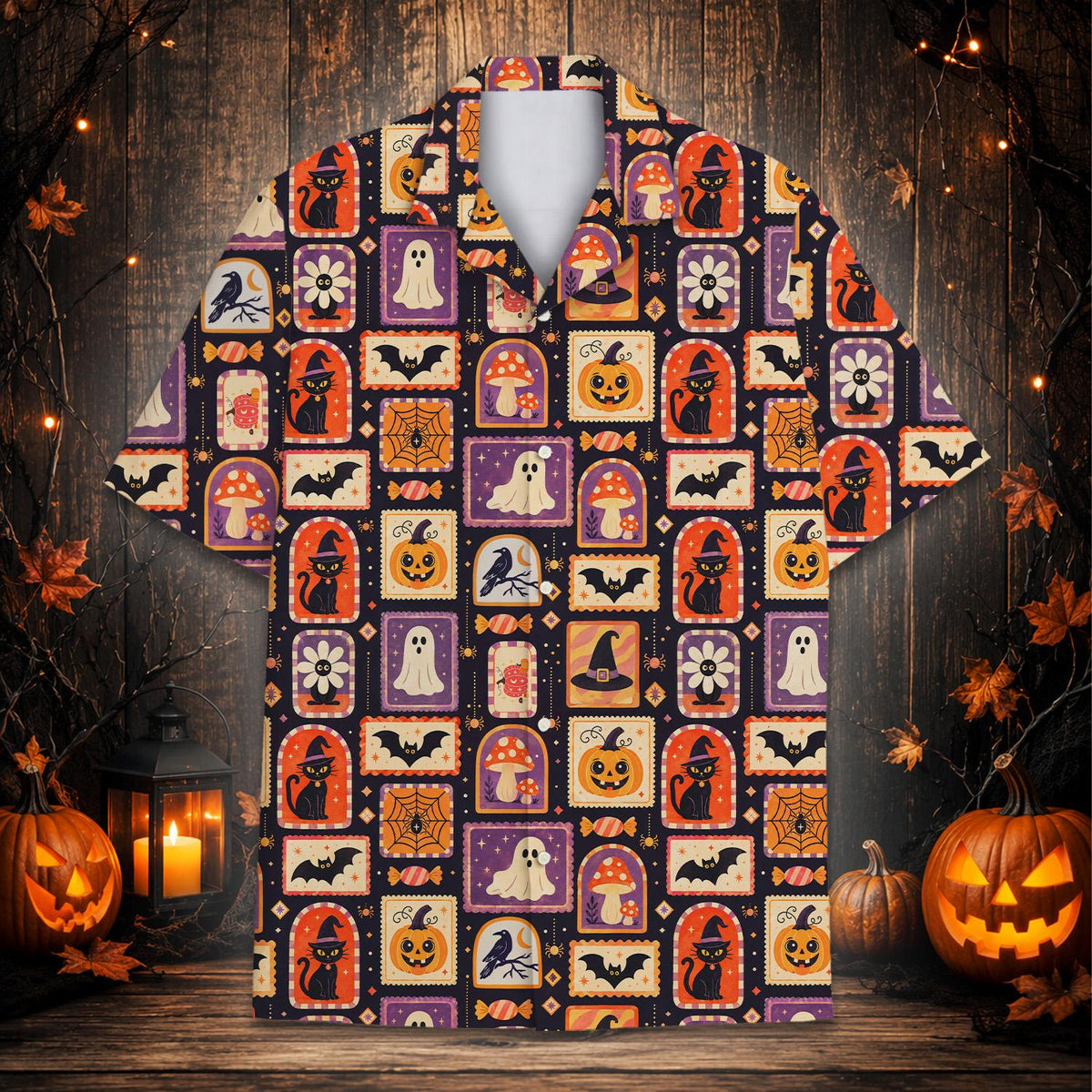 Front view of the halloween hawaiian shirt displayed on a mannequin