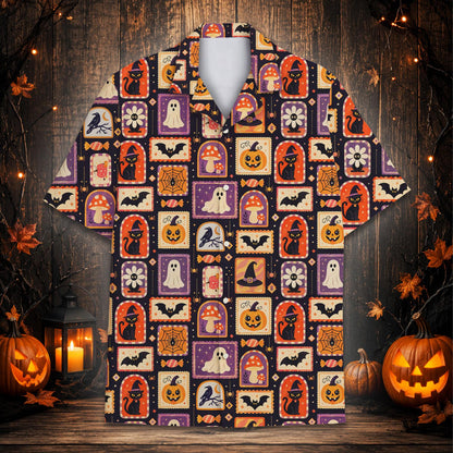 Detailed pattern view of the halloween hawaiian shirt showing black cats and bats, main view