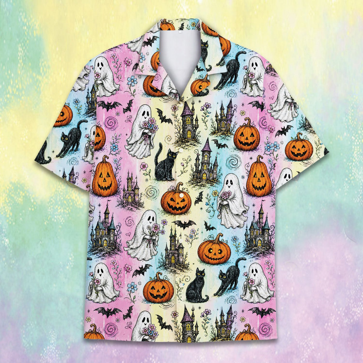 Front view of the pastel vintage halloween hawaiian shirt
