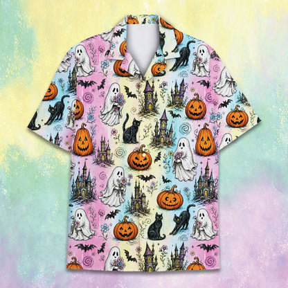 Front view of the pastel vintage halloween hawaiian shirt