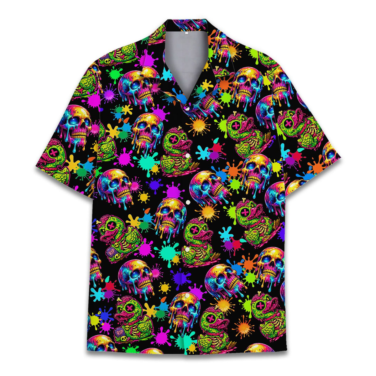 Front view of the neon skulls and zombie ducks halloween hawaiian shirt
