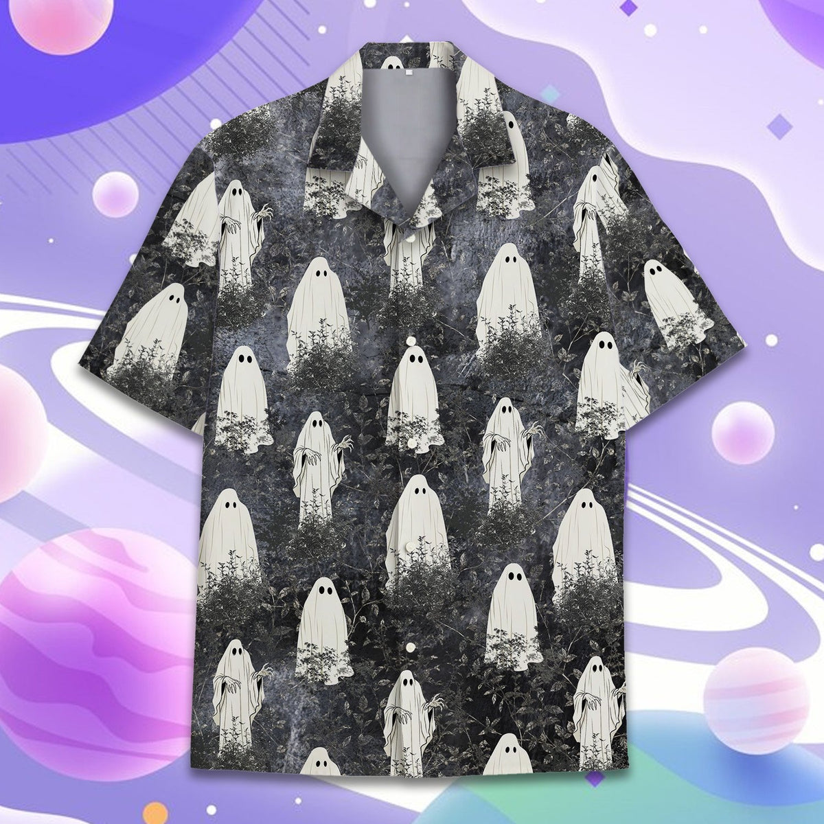 Halloween hawaiian shirt featuring classic white ghosts in a dark haunted forest, main view