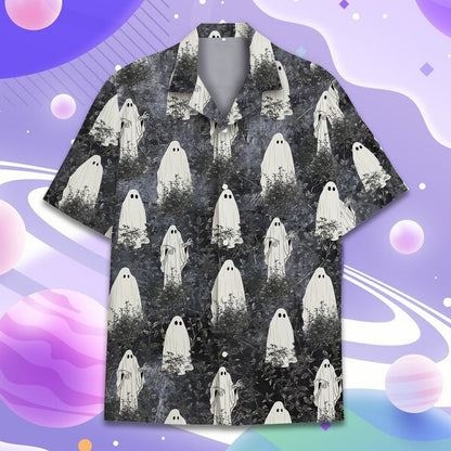 Halloween hawaiian shirt featuring classic white ghosts in a dark haunted forest, main view