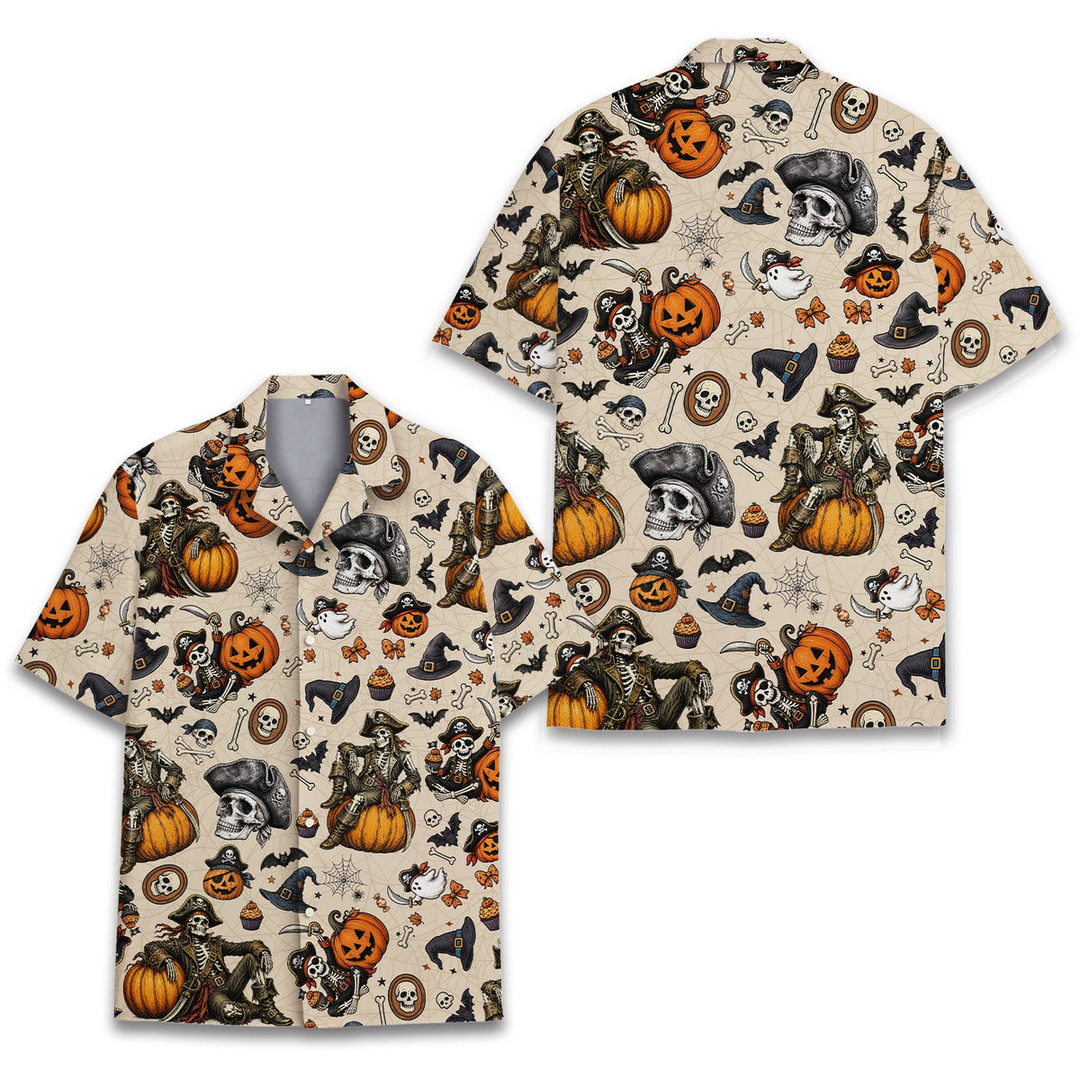 Main view of beige halloween hawaiian shirt with spooky pattern