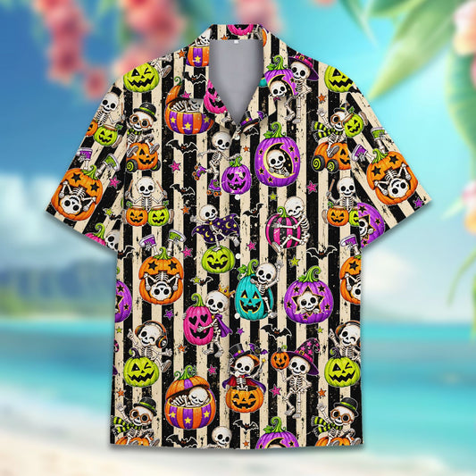 Halloween hawaiian shirt featuring skeleton and jack-o'-lantern stripes, main view