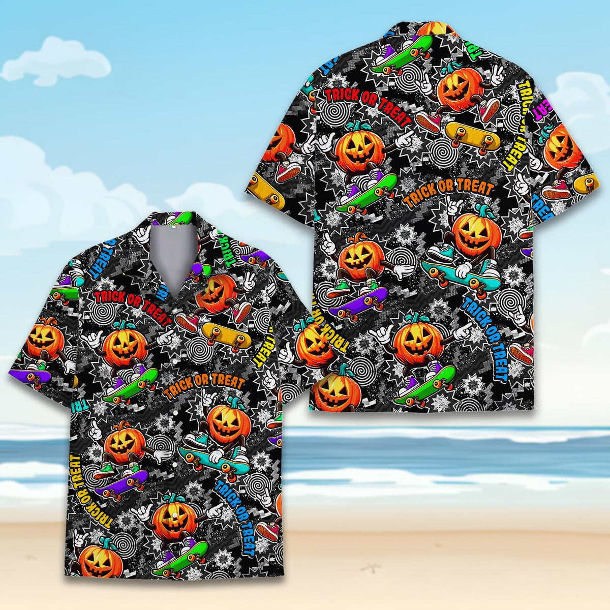 Front view of the halloween hawaiian shirt on a flat surface