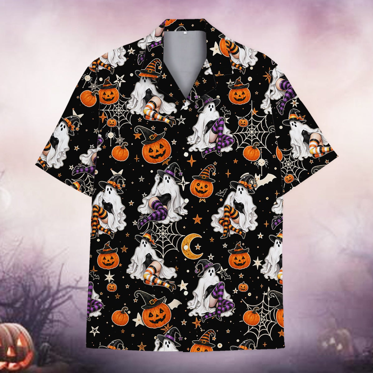 Halloween hawaiian shirt with ghost and pumpkin pattern, main view