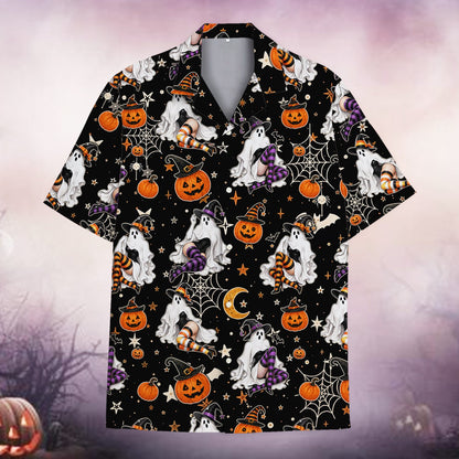 Halloween hawaiian shirt with ghost and pumpkin pattern, front view