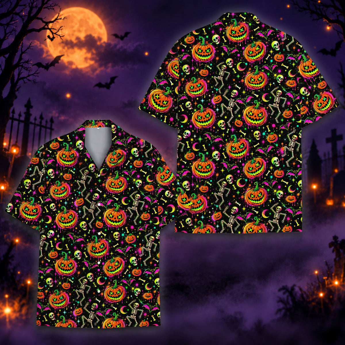 Matching family halloween hawaiian shirt featuring neon skeletons and bats on a black background, main view