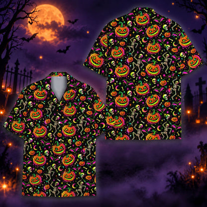 Matching family halloween hawaiian shirt featuring neon skeletons and bats on a black background, main view