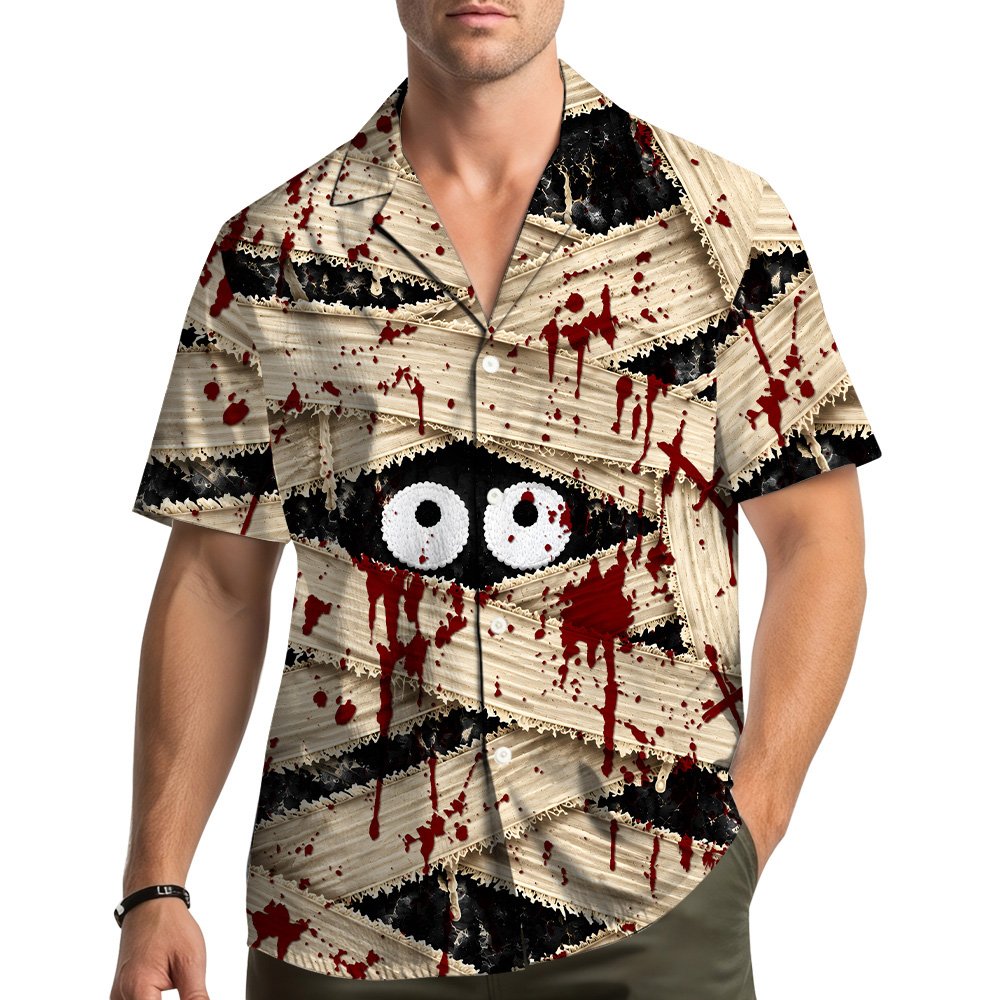 Main view of the blood splattered mummy halloween hawaiian shirt