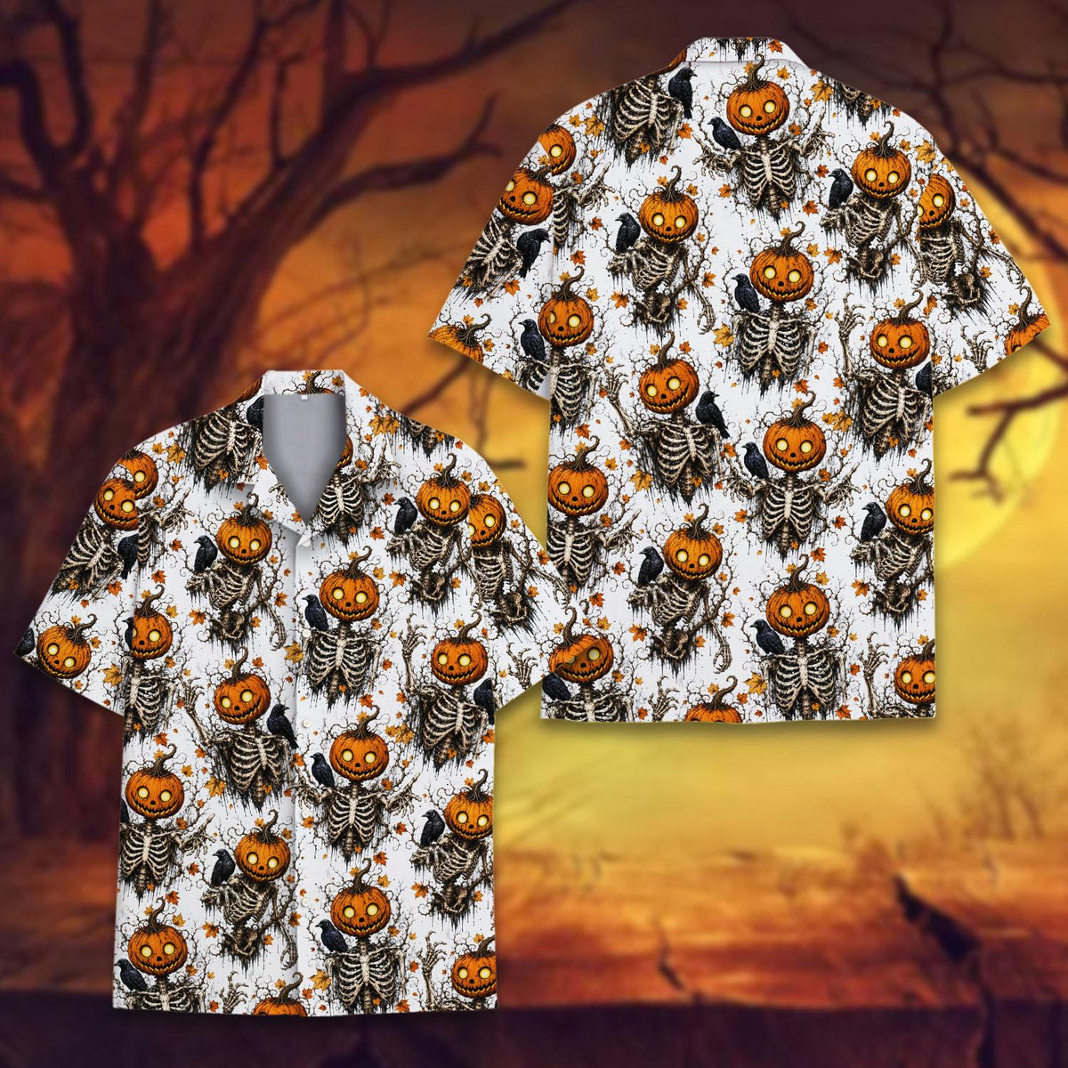 Main view of the white halloween hawaiian shirt with skeleton and jack-o'-lantern print