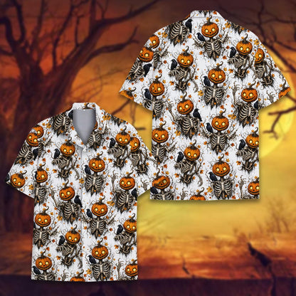 Front view of the halloween hawaiian shirt featuring glowing jack-o'-lantern heads