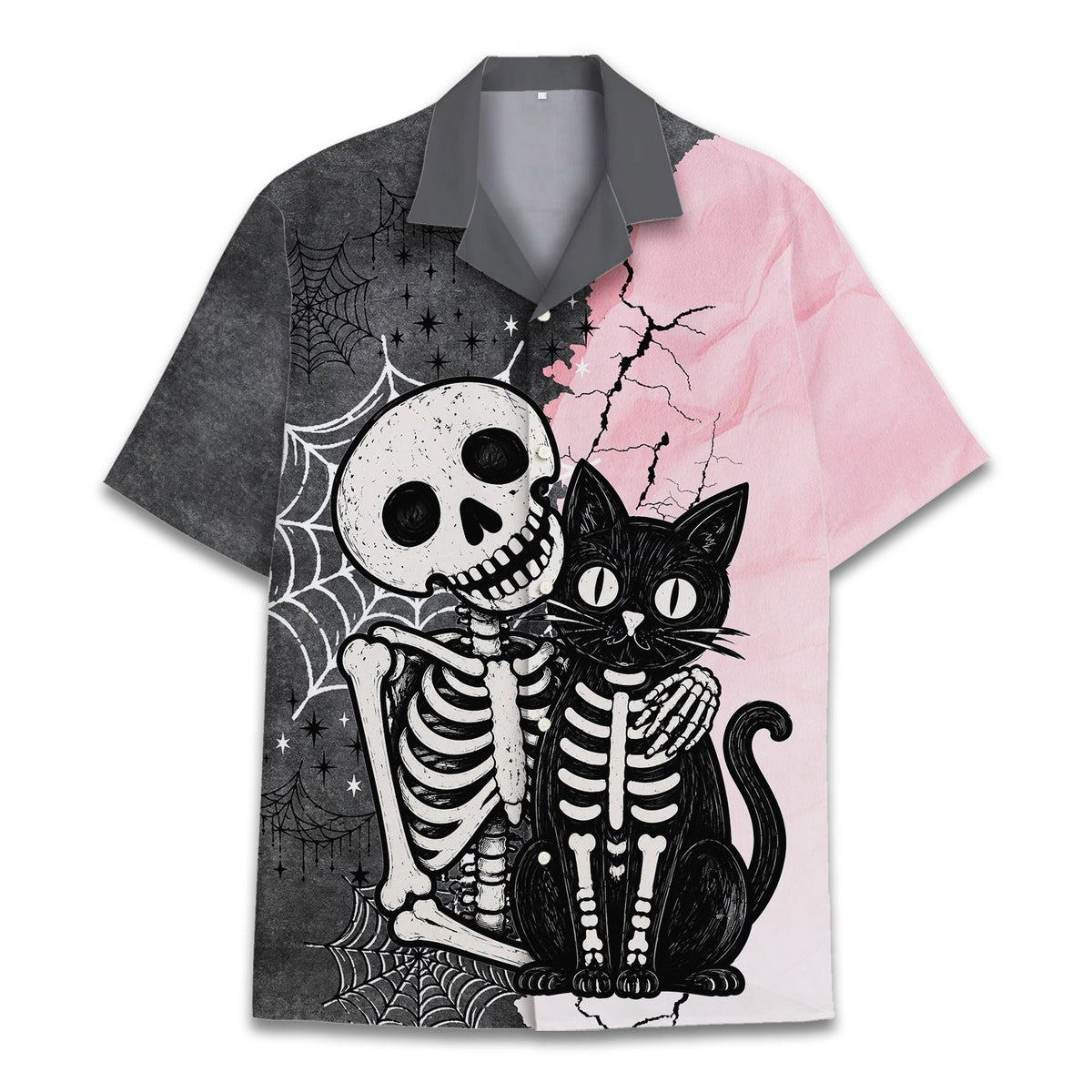 Front view of the matching family halloween hawaiian shirt with skeleton and cat design