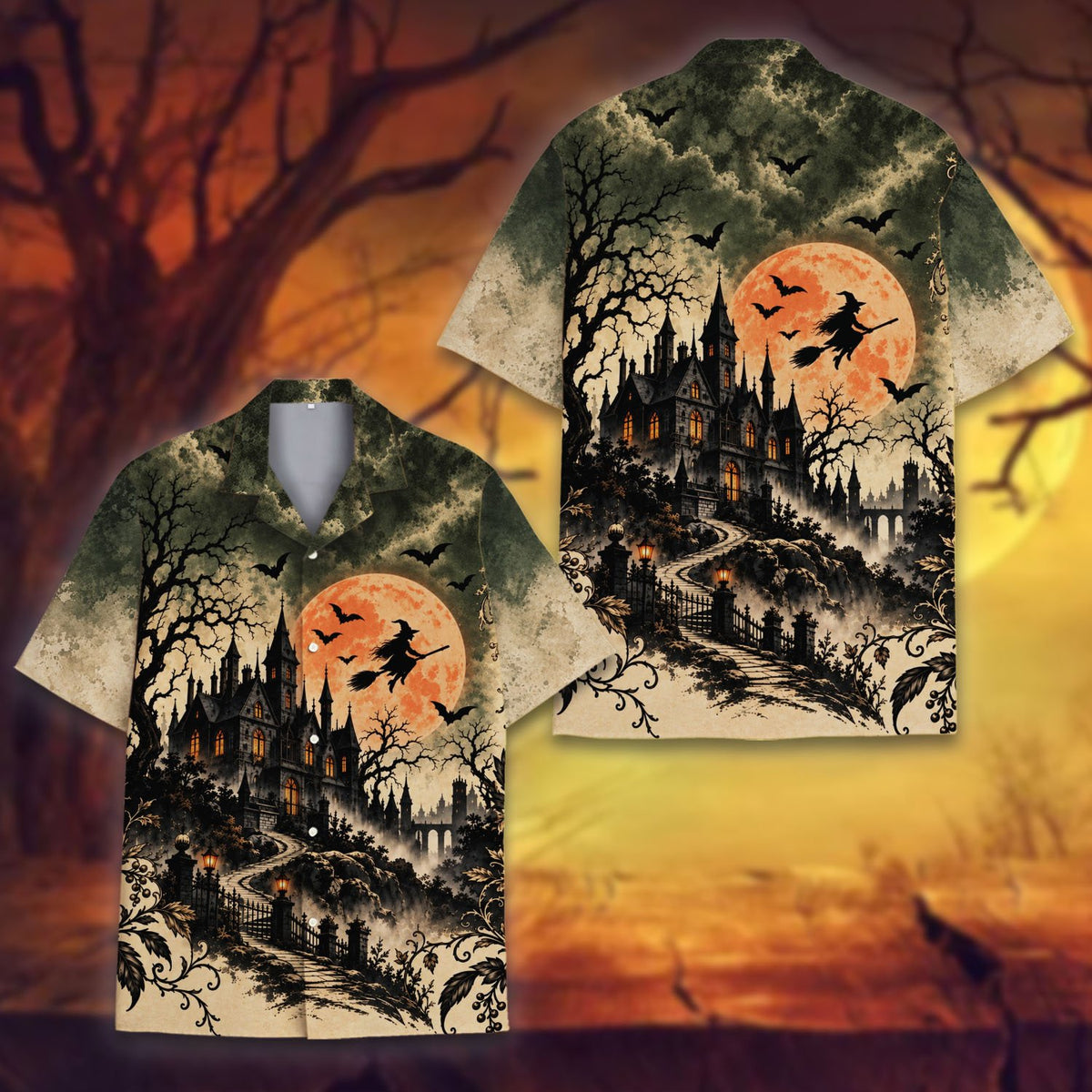 Main view of the halloween hawaiian shirt featuring a haunted castle and glowing orange moon
