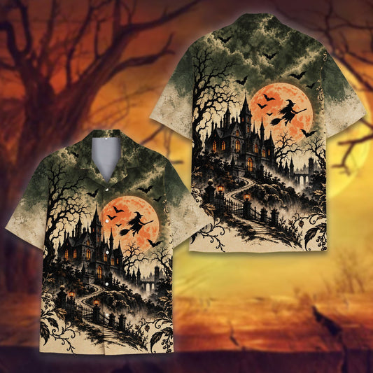 Main view of the halloween hawaiian shirt featuring a haunted castle and glowing orange moon