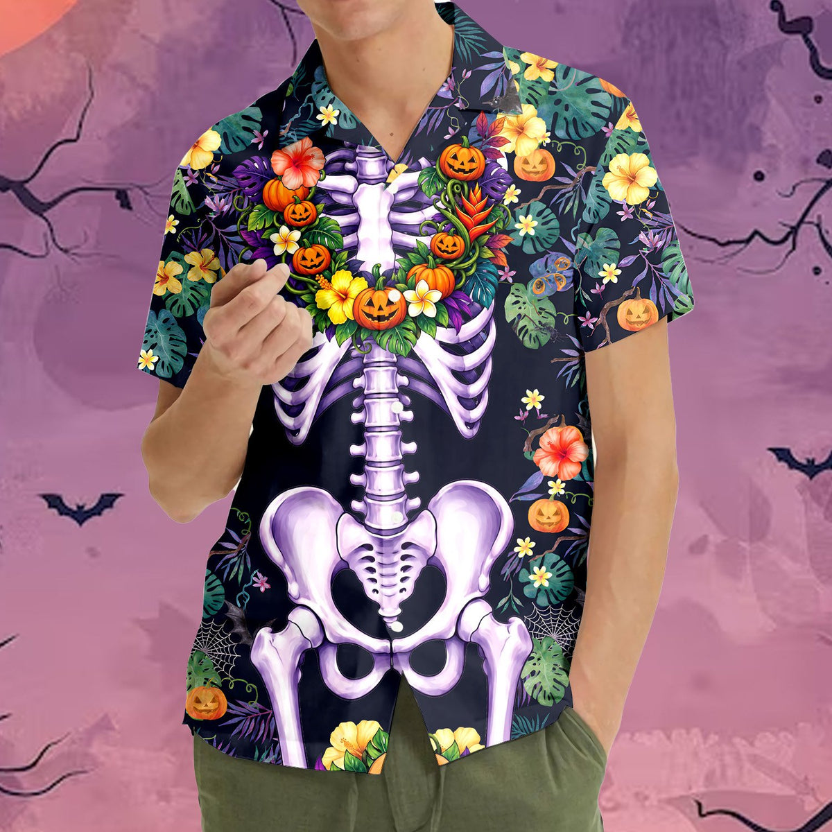 Front view of the halloween hawaiian shirt featuring a floral skeleton garland