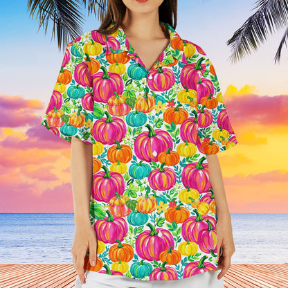 Bright colorful pumpkin Halloween hawaiian shirt front view