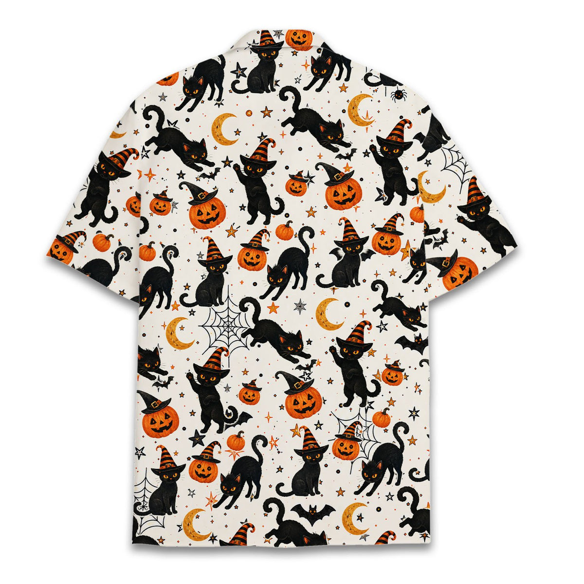 Front view of the white Halloween Hawaiian shirt with black cats and jack-o'-lanterns