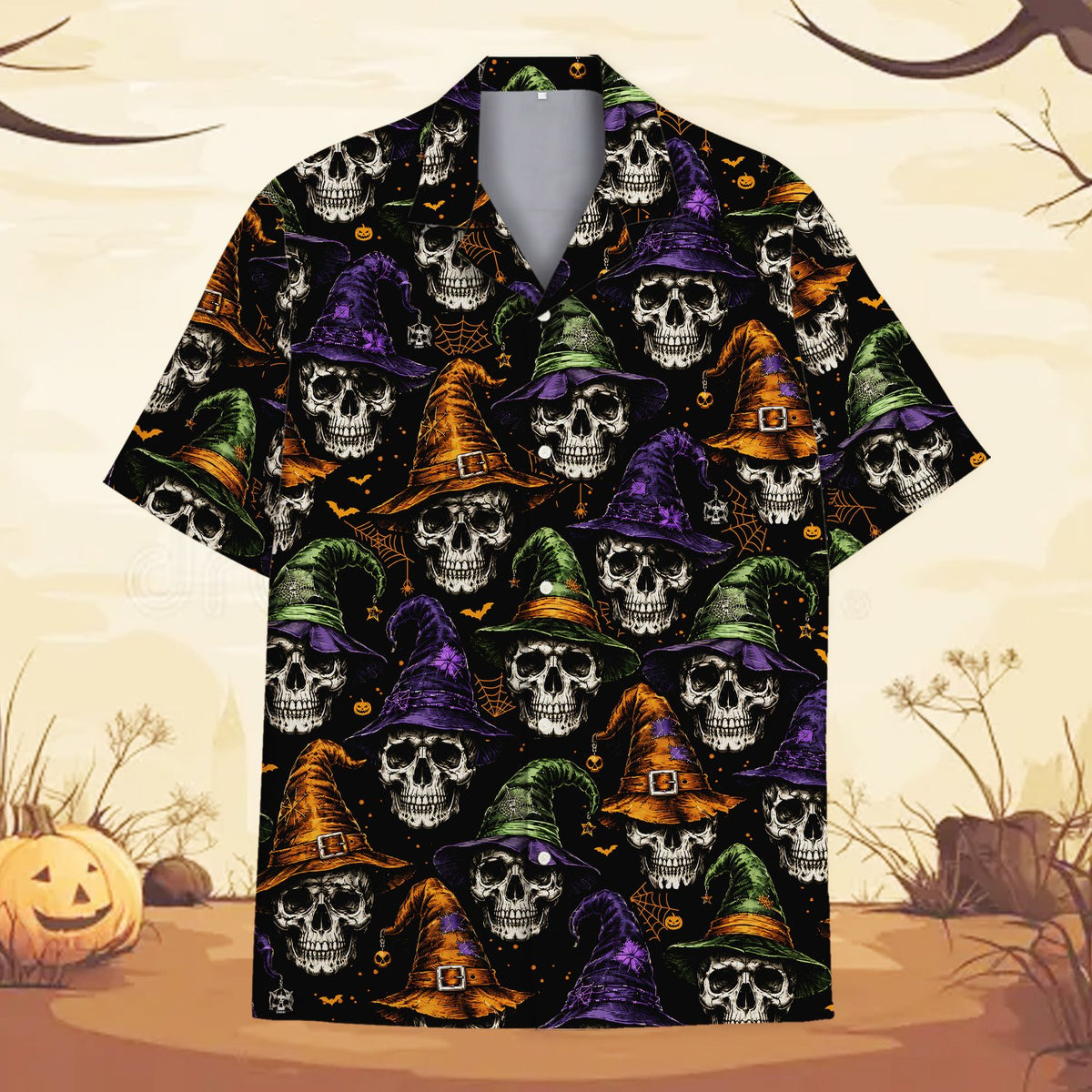 Main view of the black halloween hawaiian shirt with witch skulls pattern