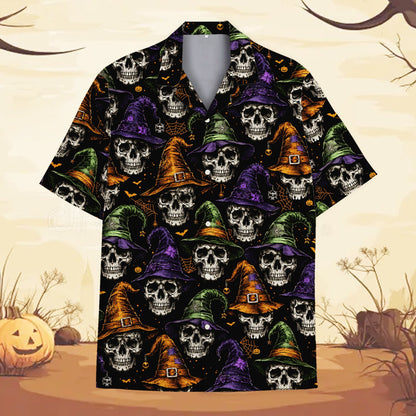 Front view of the halloween hawaiian shirt featuring bats and pumpkins