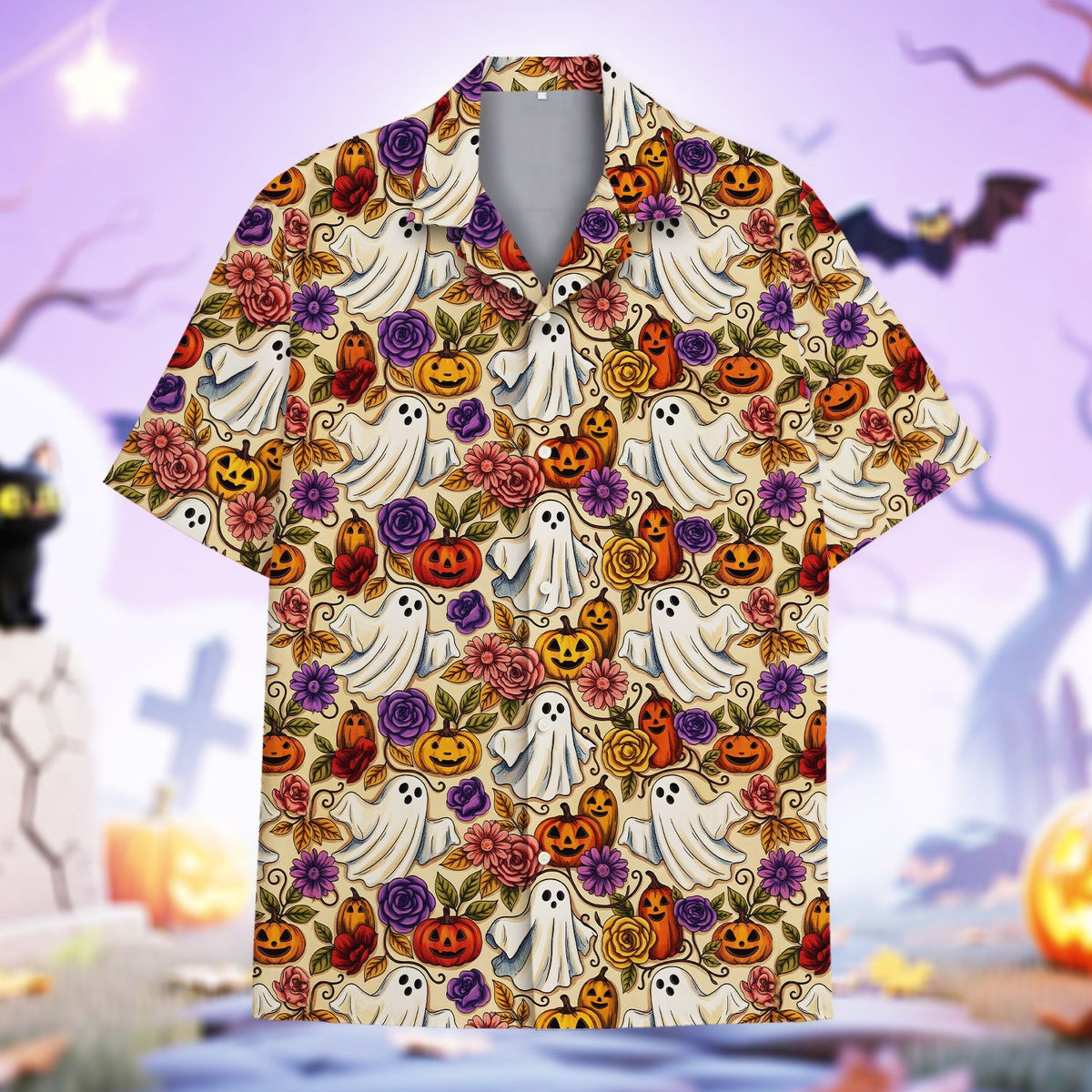 Front view of the yellow Halloween Hawaiian shirt with floral and ghost print