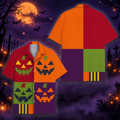 Front view of color-blocked halloween hawaiian shirt
