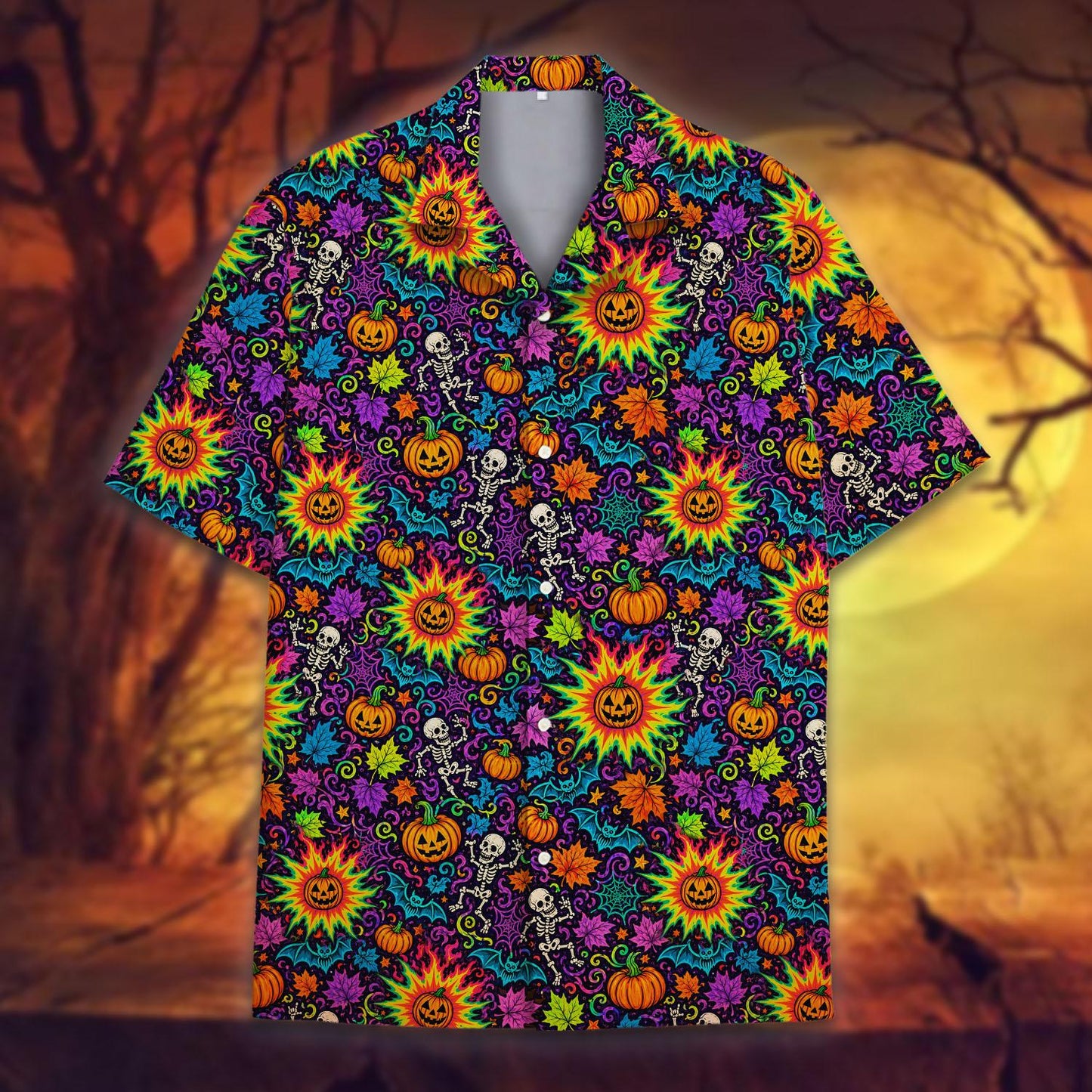 Main view of the multicolor Halloween Hawaiian shirt featuring a psychedelic pattern
