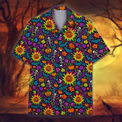Main view of the multicolor Halloween Hawaiian shirt featuring a psychedelic pattern